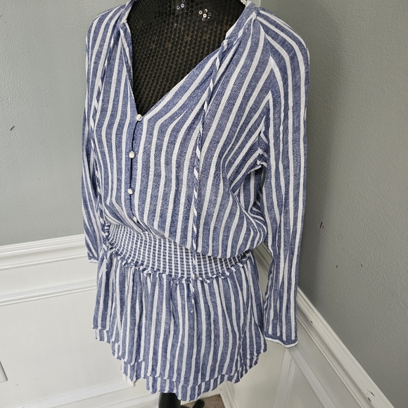 Rails Size S Jasmine Mini Dress Tie-Neck Smocked-Waist Azure Striped Lin… - Picture 6 of 16